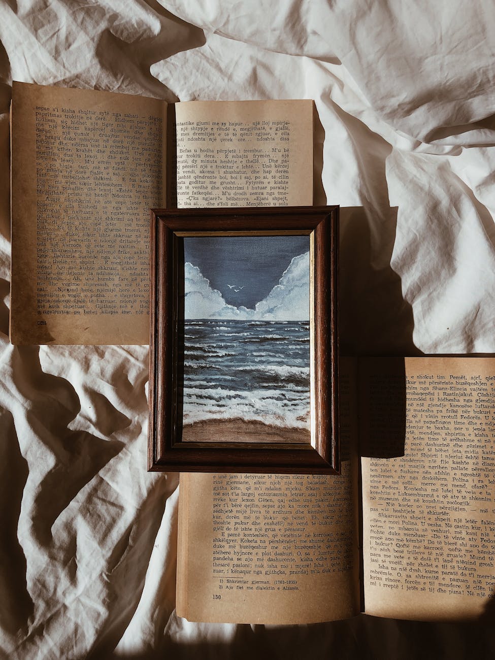 old books and a framed picture on the bed